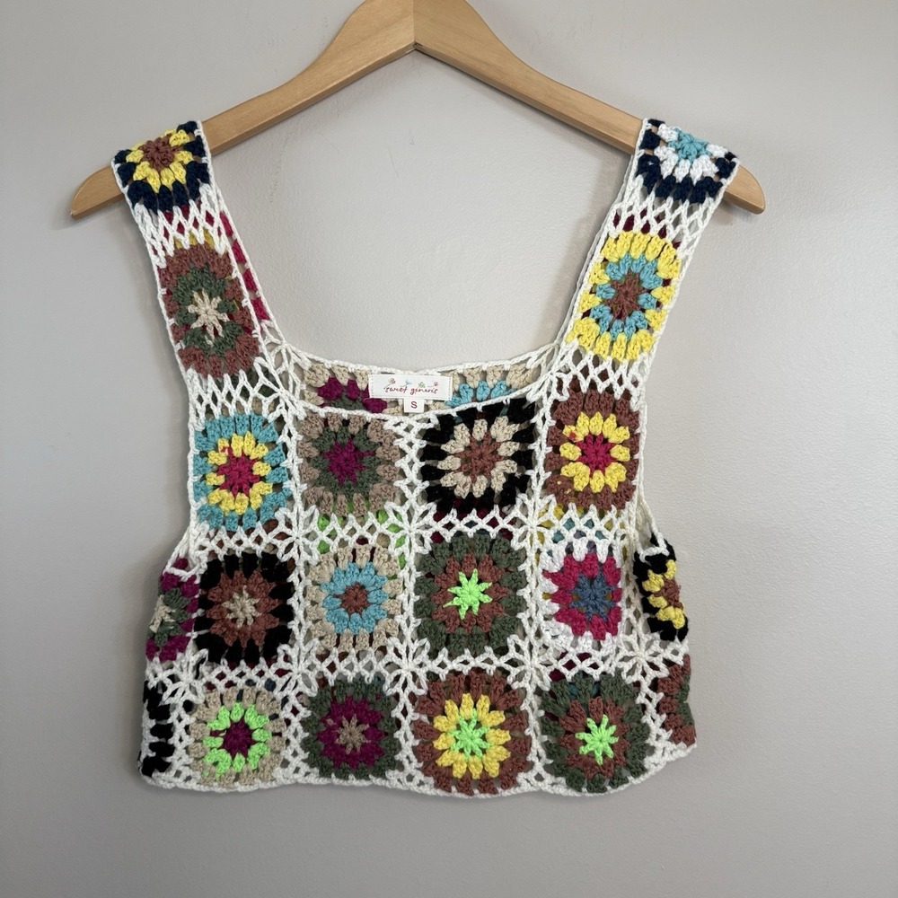 Crochet Cropped Tank Blouse Hippie Boho Style Size Small Granny Squares - Picture 2 of 8